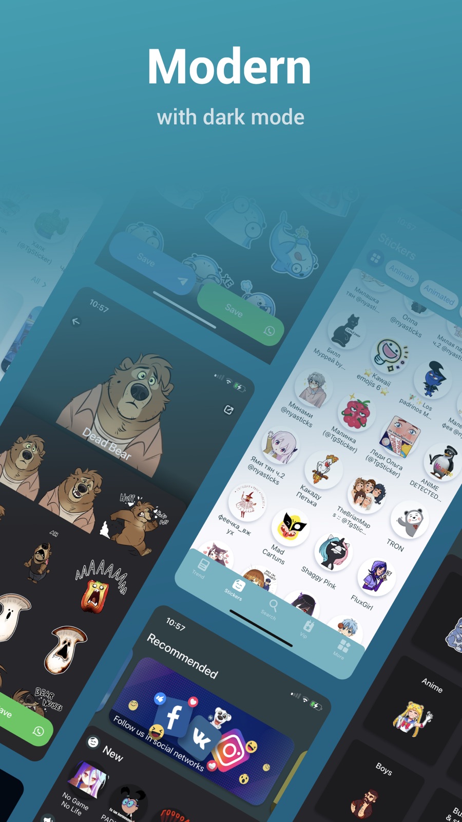 Modern sticker catalog with dark mode